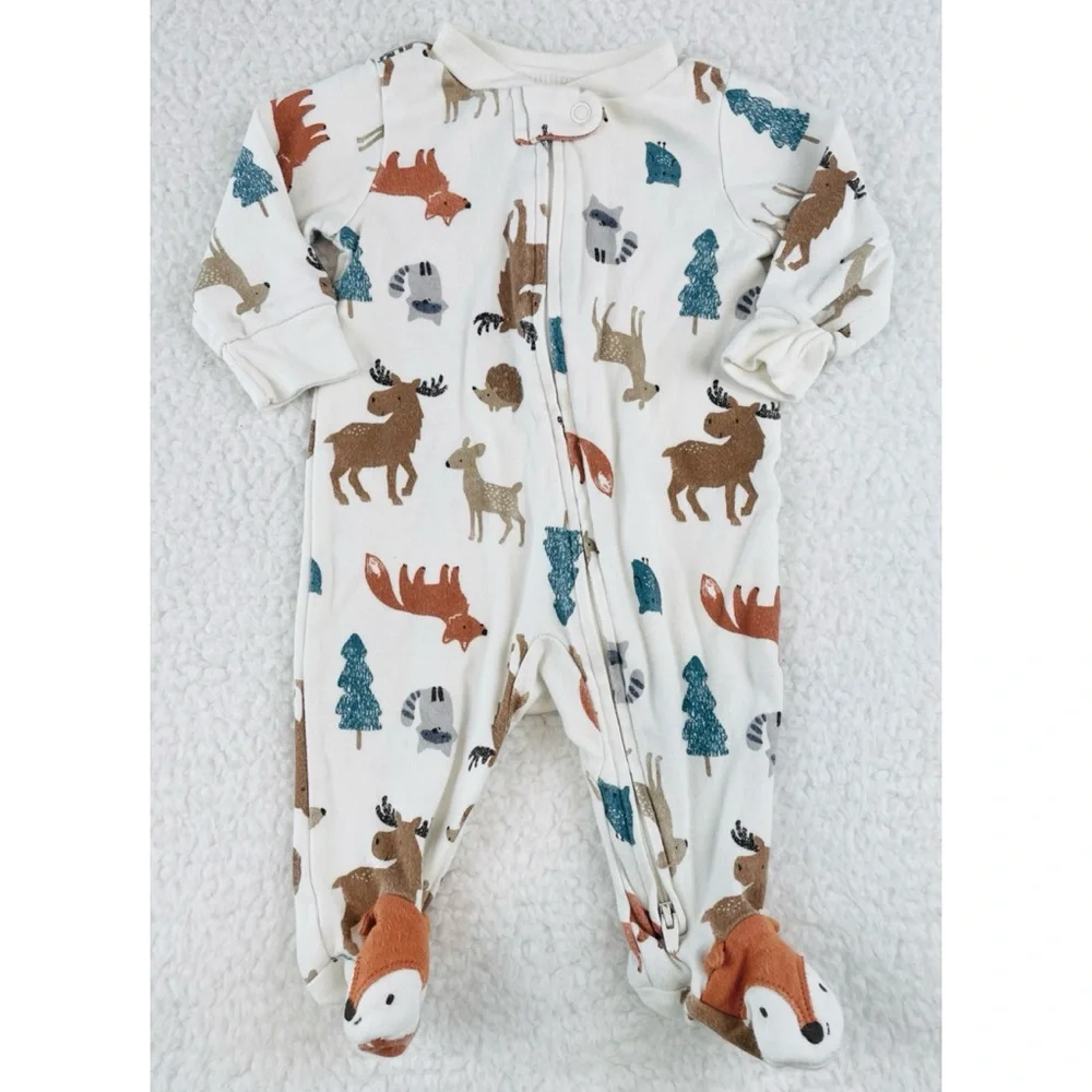 CARTER’S • White/Multi Animal Print Sleeper Footie Pajamas, 3M